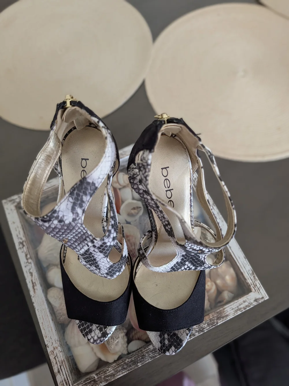 bebe Black & White Snake-Print Cutout High Heel Sandals